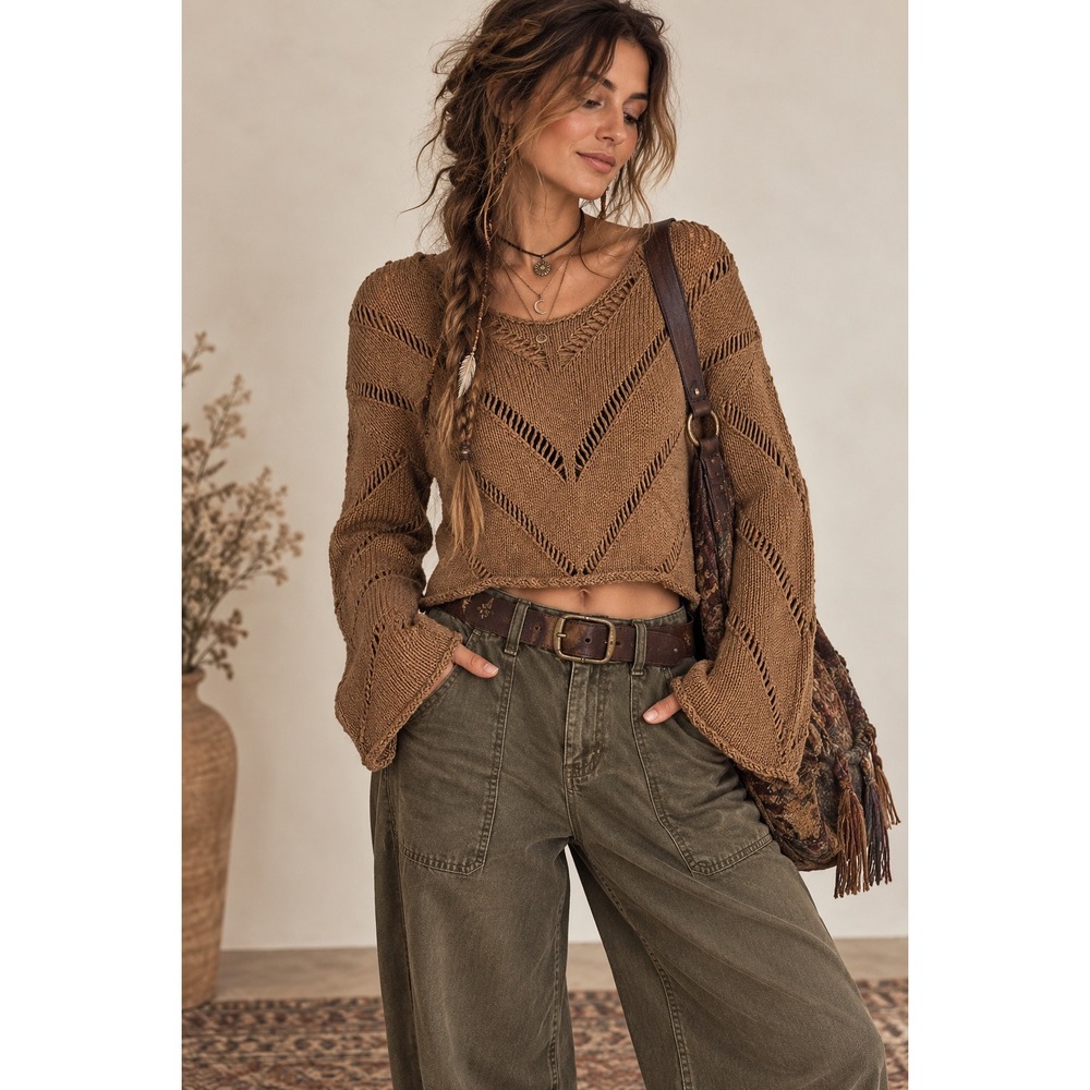 Fairy Grunge Brown Open Knit Cropped Sweater Large Boho Granola Indie Layering